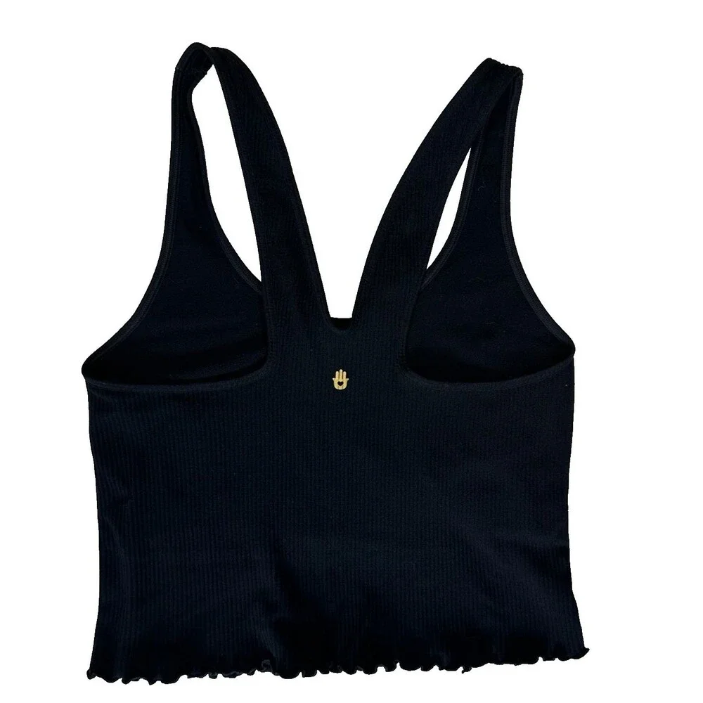 Spiritual Gangster M/L Amor Crop Rib Tank Top Black Ruffled Lettuce Edge Bra